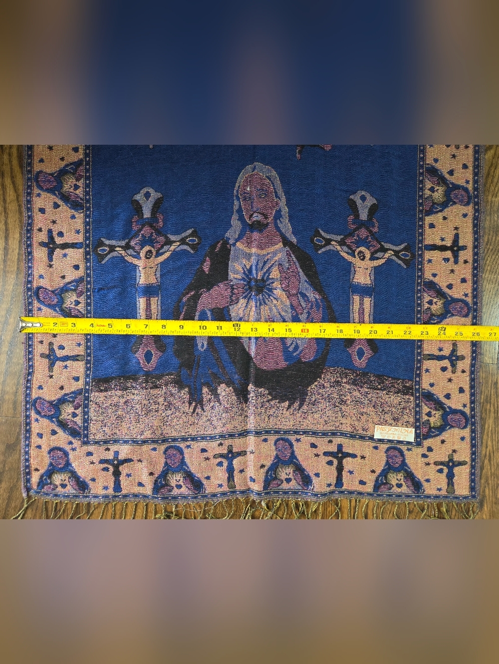 Religous Blue Pashmina & Silk Shawl, Scarf with Gold Trim - Picture 8 of 8